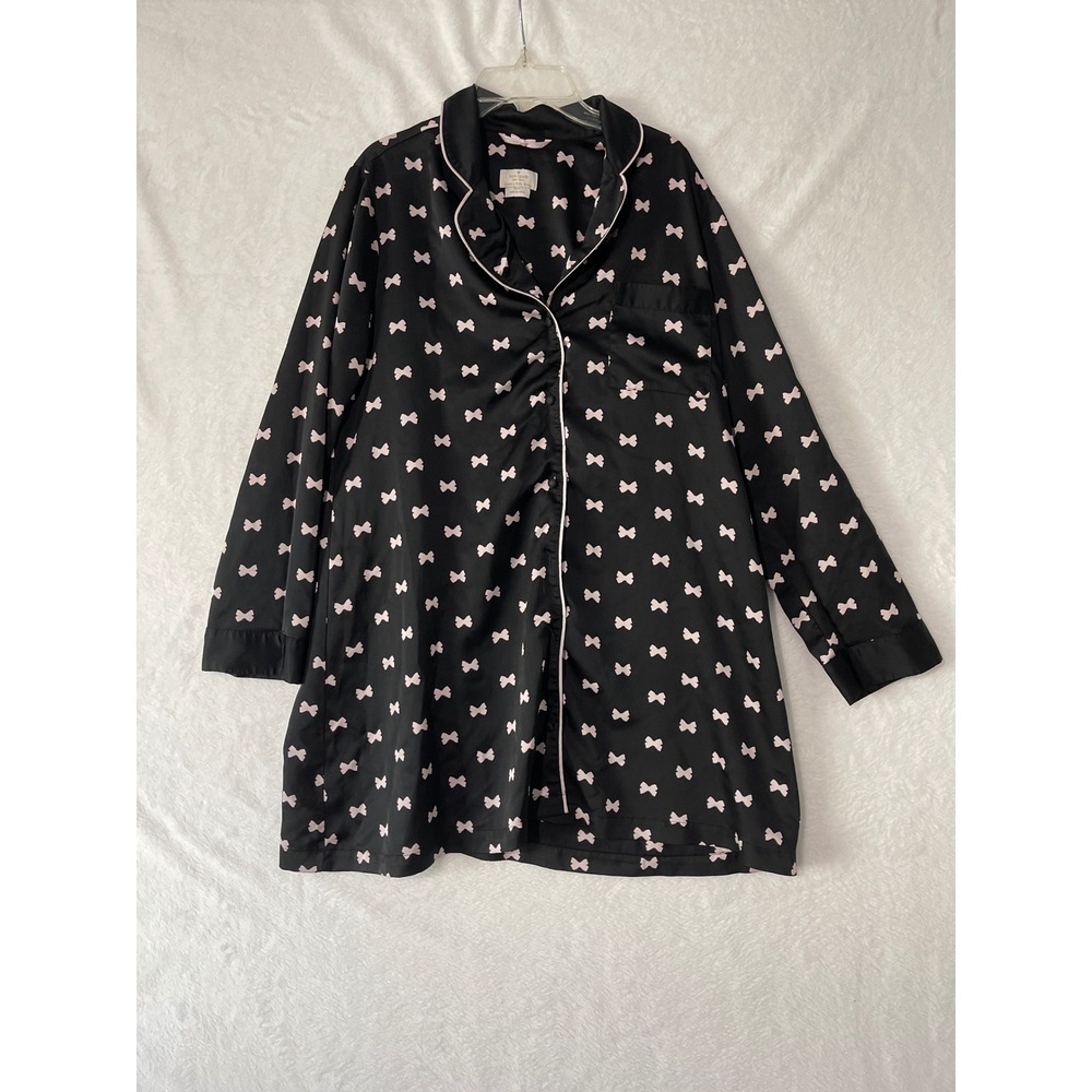Kate Spade New York Black Pink Bow Print Satin Sleep Shirt Nightgown Medium
